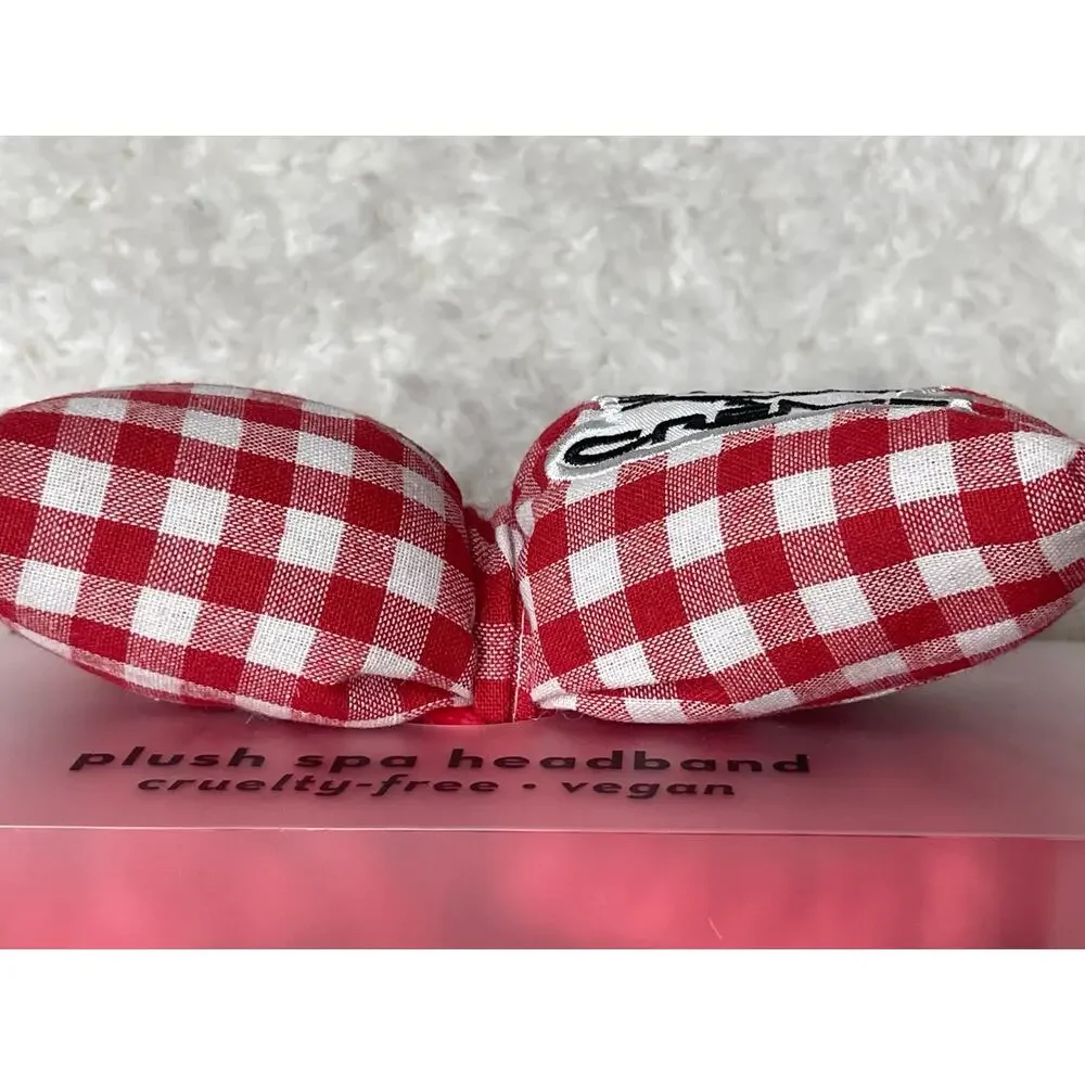 The Creme Shop Hello Kitty Red White Gingham Plush Spa Headband Bow Hairband NEW